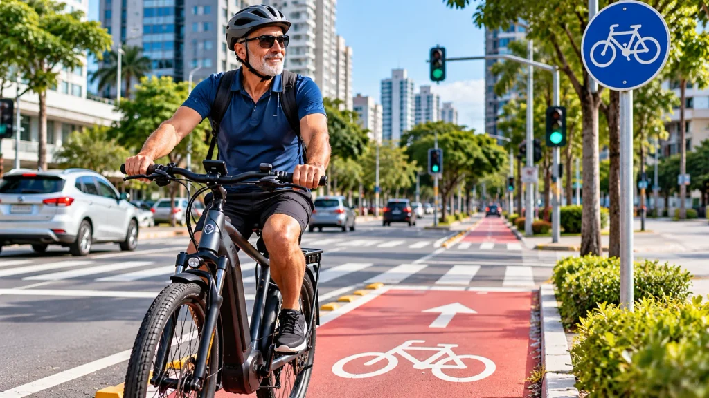 “Pessoa andando de bicicleta elétrica em ciclovia urbana
