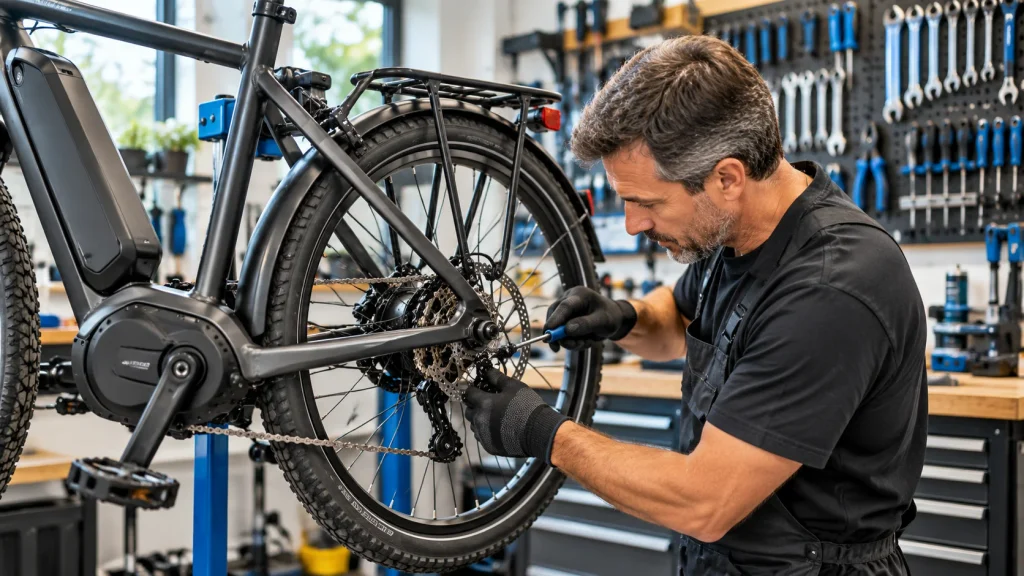 Homem realizando manutenção em bicicleta elétrica em oficina